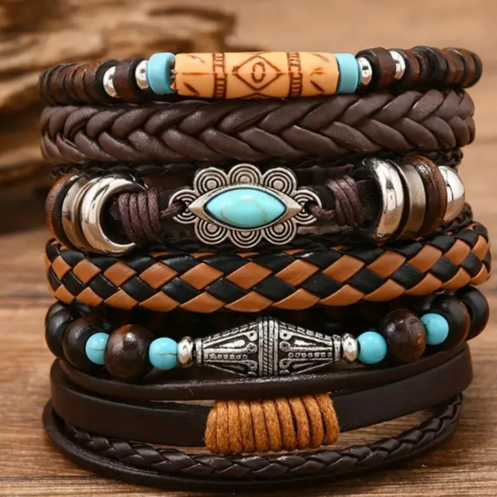 2/$40 Bohemian Leather Bracelet Gift Set with‎ Turquoise Accents (#0269)